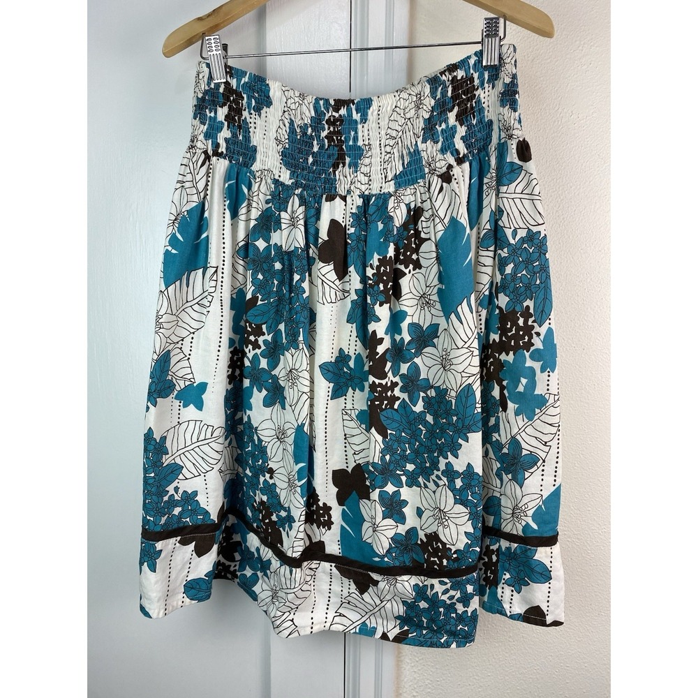 Metro Wear Women's M Ivory Blue Brown Floral Smocked Waist A-Line Skirt